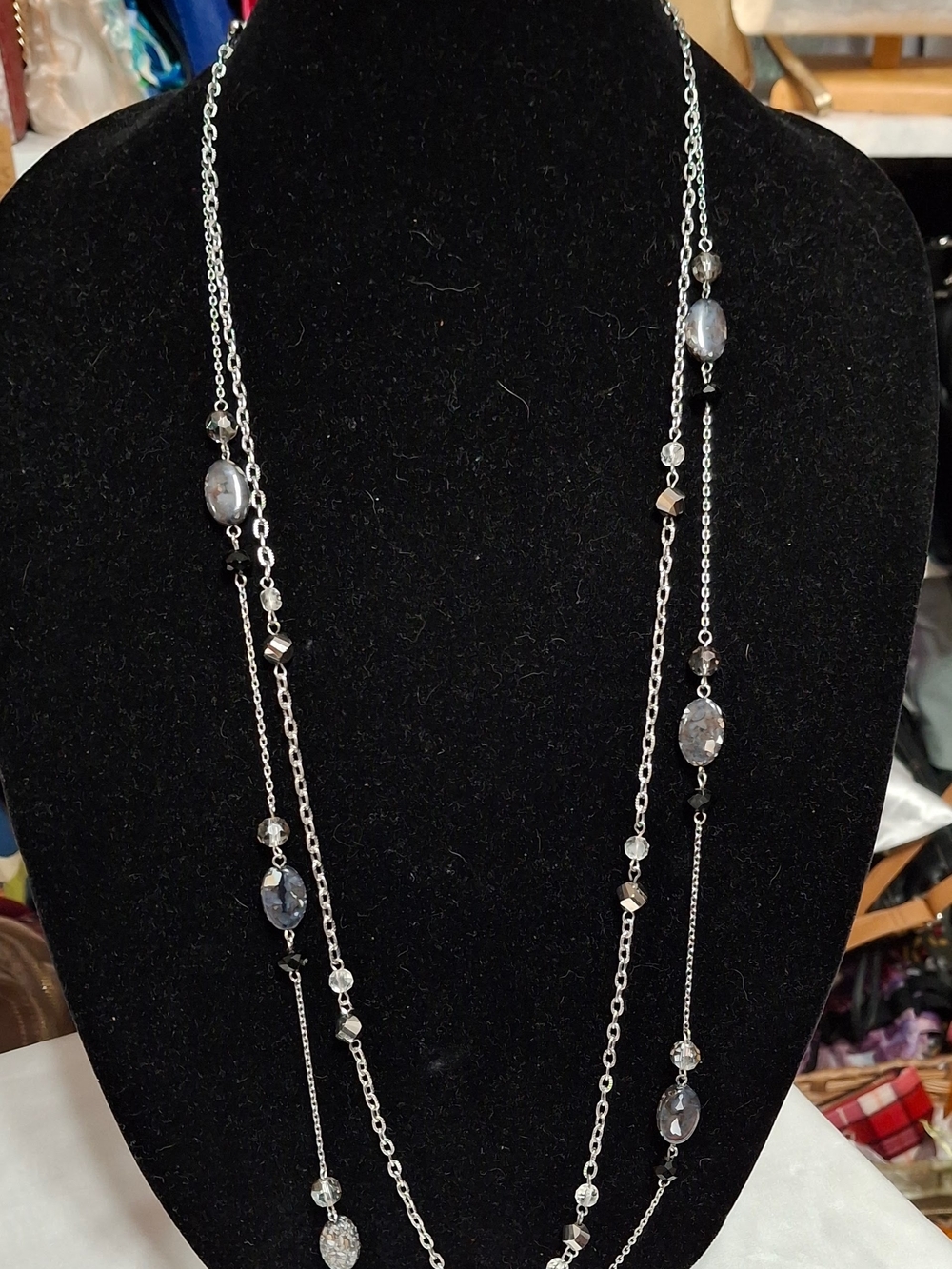 Charming Charlies Silver Multi-Strand Crystal Station Necklace Black Gray